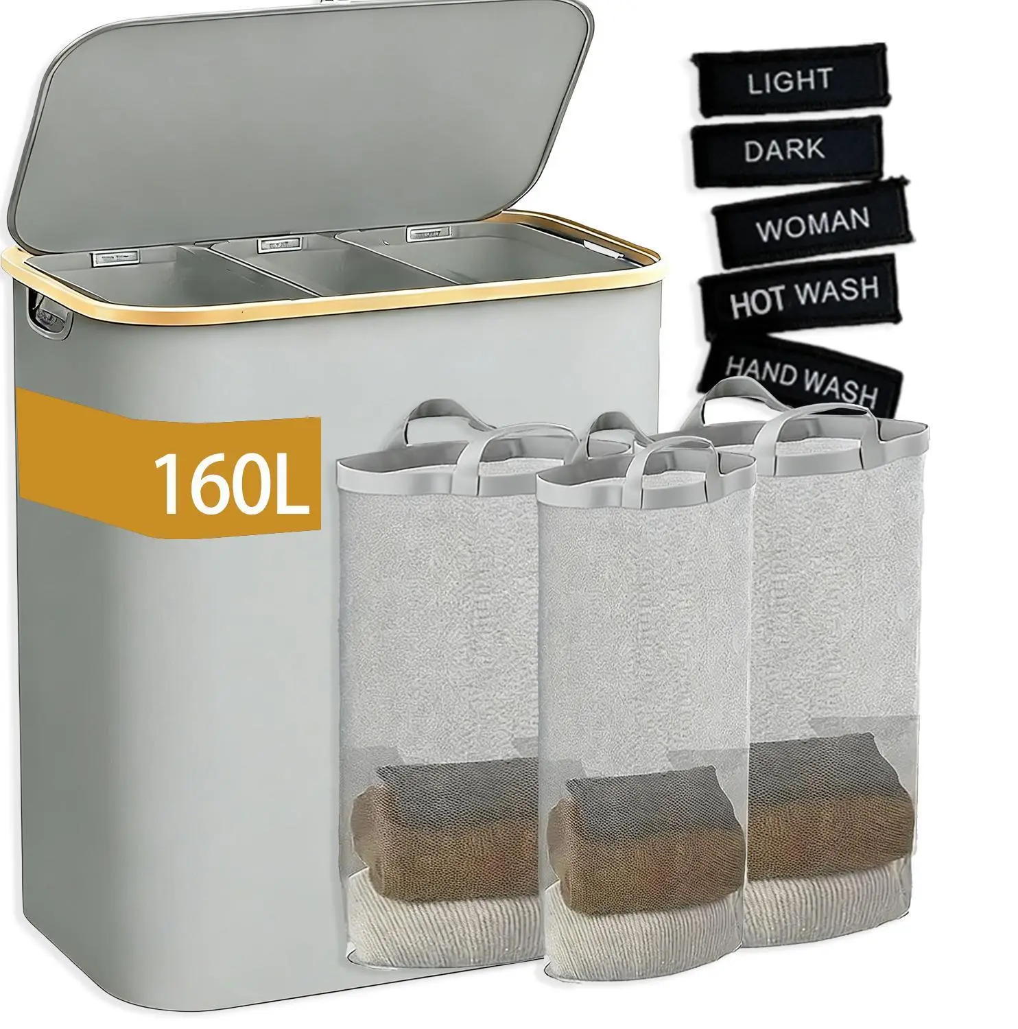 Laundry Hamper with Lid, 160L Tall Laundry Baskets with Bamboo Pull Handles, Large Laundry Bin with Internal Support