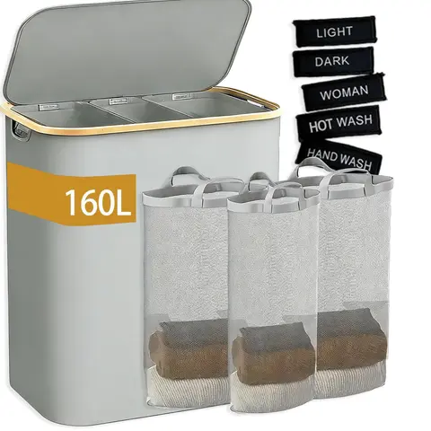 160L Tall Laundry Hamper Basket - Bamboo Pull Handles, Internal Support, Waterproof, Detachable Foldable Rods for Easy Packing, Folding Clothes Storage Bin, Foldable Laundry Baskets for Home Use