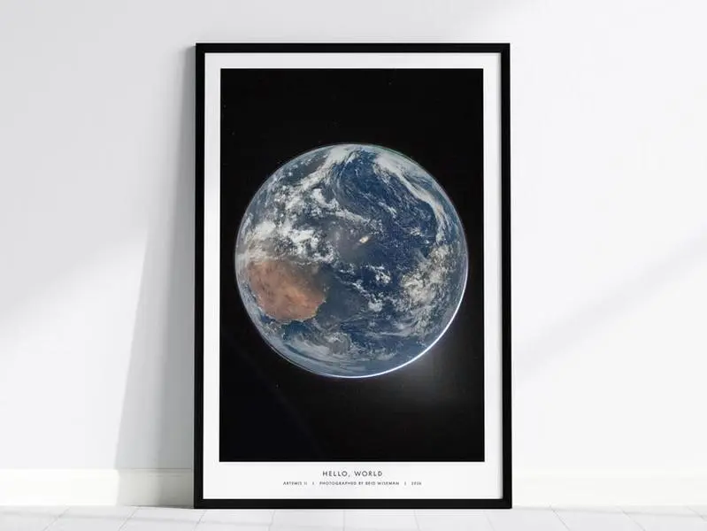 Hello World NASA Poster, Artemis II Earth Photo Blue Marble Print, Reid Wiseman Space Art, NASA Gift, Planet Earth Poster