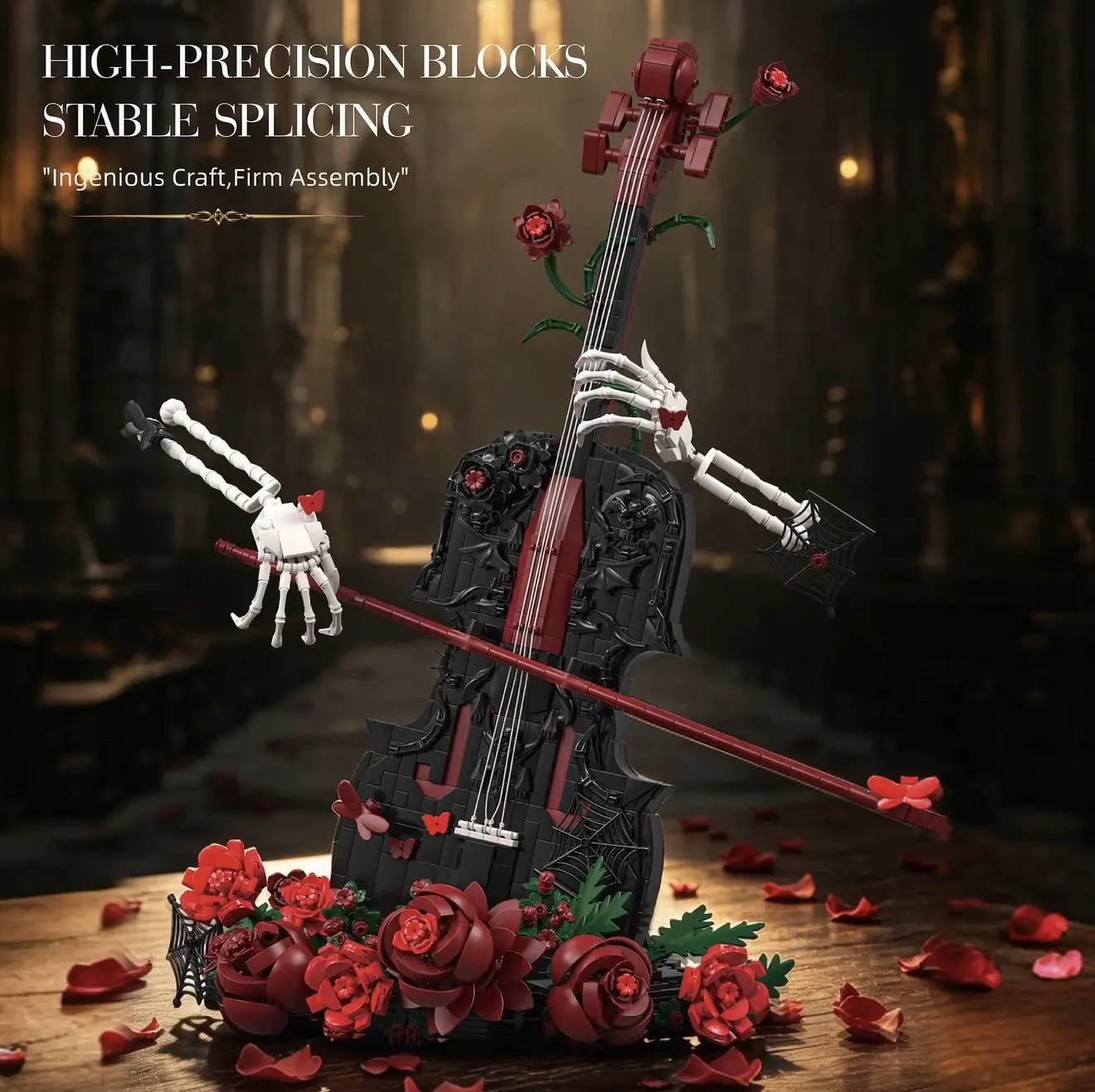 Gothic Rose Violin Building Blocks Set - Dark Fantasy Skeleton Hand Brick Model, DIY Assembly Toy, Creative Desk Decor, Gift for Teens & Adults