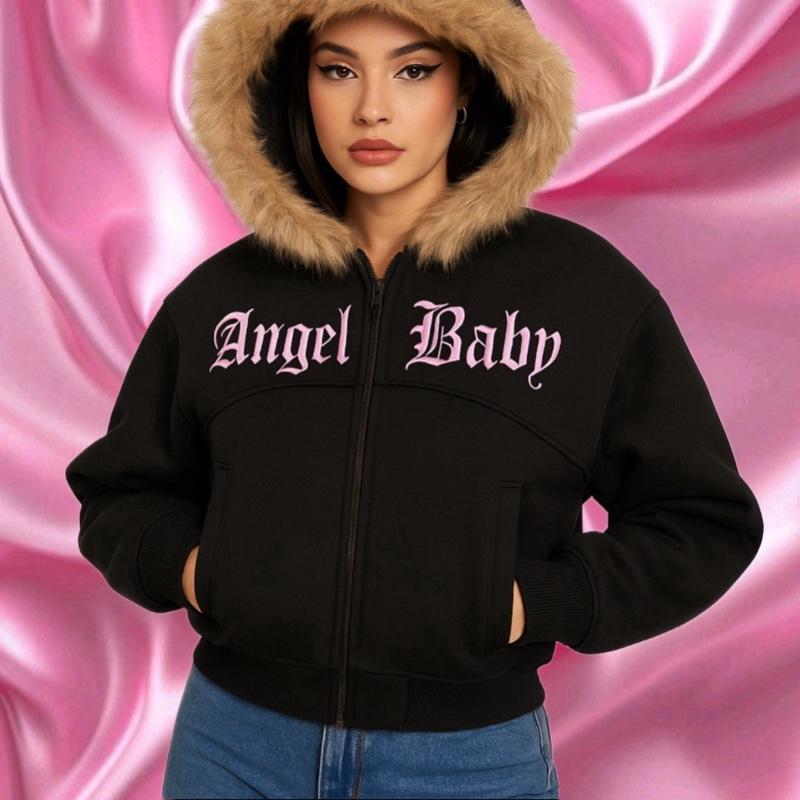 Angelbaby Pink Fluffy Jacket with Fur Hood and Embroidered Logo for Women