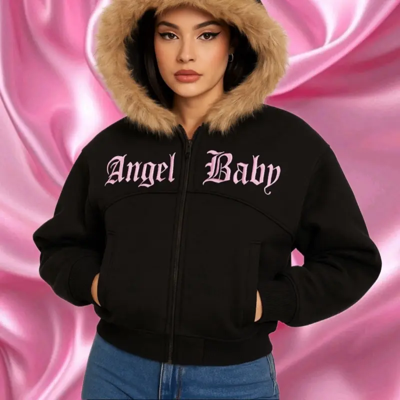 Angelbaby Pink Fluffy Jacket with Fur Hood and Embroidered Logo for Women