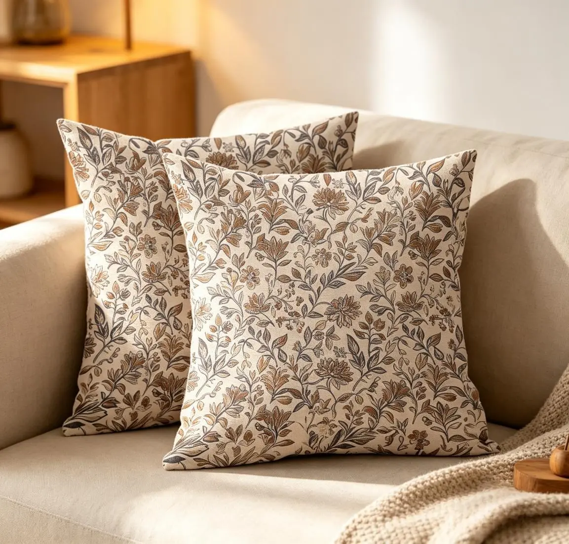 Set of 2 18x18 Decorative Throw Pillow Covers, Earth Tone Brown Grey Floral Vine Botanical Linen Square Cushion Cases, Neutral Cottage Rustic Pillow Covers for Indoor Living Room Decoration