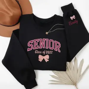 Senior Embroidered Sweatshirt Class of 2027 with Name, Senior 2027 Shirt, Personalized Graduation Gift for Her, Senior Girl Bow Crewneck