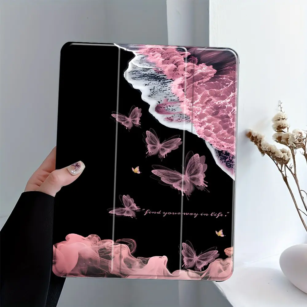 Trend Graceful Pink Butterfly Aesthetic iPad Case, Ocean Wave Art Protective Cover for iPad Pro Air 11 13 10.9 10.2, Shockproof Smart Folio Auto Wake Sleep, Unique Artistic Tablet Computer Shell Gift for Her, Casing Protection, Ipad Accessories