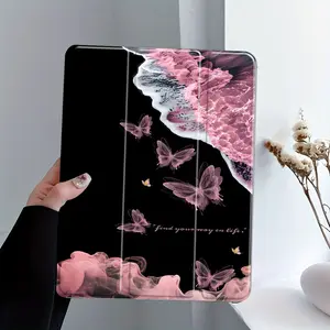 Trend Graceful Pink Butterfly Aesthetic iPad Case, Ocean Wave Art Protective Cover for iPad Pro Air 11 13 10.9 10.2, Shockproof Smart Folio Auto Wake Sleep, Unique Artistic Tablet Shell Gift for Her, Casing Protection