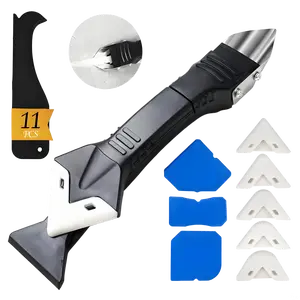 11Pcs Silicone Caulking Tools 3 in1 Grout Removal Tool(Stainless Steelhead)&Grout Remove Scraper,5 Silicone Replaceable Pads,4 Glass Glue Angle Scraper, Caulk Remover for Kitchen/Bathroom/Window/Joint