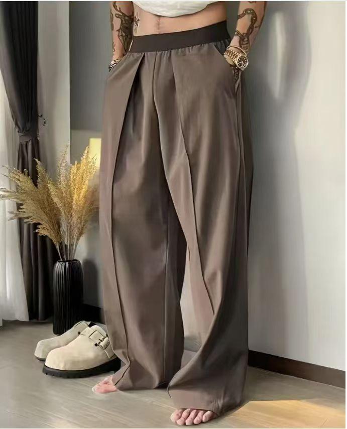 2PCS Men’s High-Waist Pleated Wide-Leg Pants, Elastic Waist Loose Streetwear Dress Pants for Casual Outfits