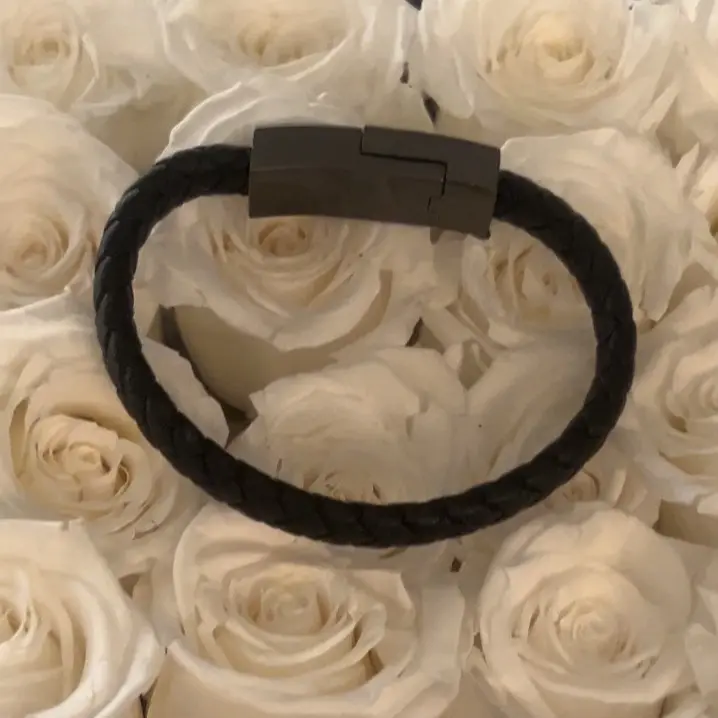 Bracelet Charging Cable Braided Faux Leather Wrist Band Data Charger Cord Travel Black Band & Black Hardware New