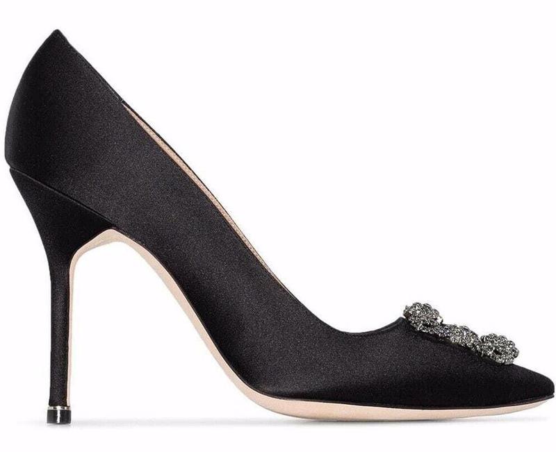 Manolo Blahnik Hangisi 105 Black Satin Crystal Jewel Buckle Classic Heel Pump