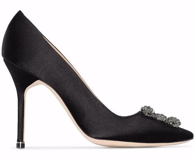 Manolo Blahnik Hangisi 105 Black Satin Crystal Jewel Buckle Classic Heel Pump