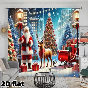 2D Flat 2Pcs Christmas Scene Window Curtains Holiday Festive Red Sleigh Reindeer Snow City Night Print Semi Sunshade Drapes for Living Room Bedroom Kitchen Christmas Window Decor Privacy Protection
