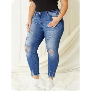 Women's Plus Size Elastic Washed Casual Ripped Skinny Fit Jeans, Pockets, Button Fly, Long Hem, All Seasons, New ArrivalRAIMENTRY