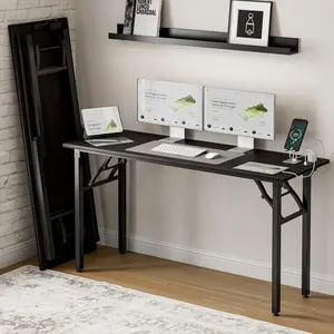 Frylr Small Folding Computer Desk – 55.1 Inch Portable Table for Craft and Study, Lightweight Desk for Small Spaces, Foldable Laptop Table Built-in AC/USB Outlets for Convenience, Charcoal Wenge