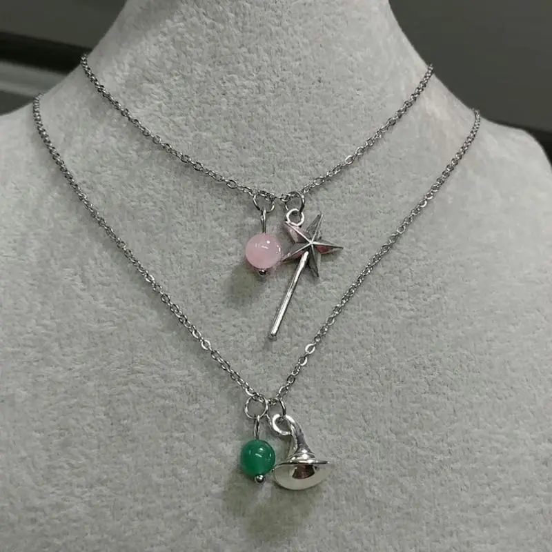 Wicked Necklace Glinda Rose Quartz Wand Necklace Elphaba Aventurine Hat Necklace Natural Gemstone Crystal Charm Necklace