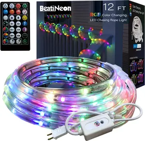 BEATINEON RGB Strip Lights with IR Remote Control, 12FT 72LEDs RGB LED Outdoor Rope Lights, 13MM Waterproof Neon LED Lights 500+ Colors for Bedroom Living Room Patio Christmas Decor (12ft)