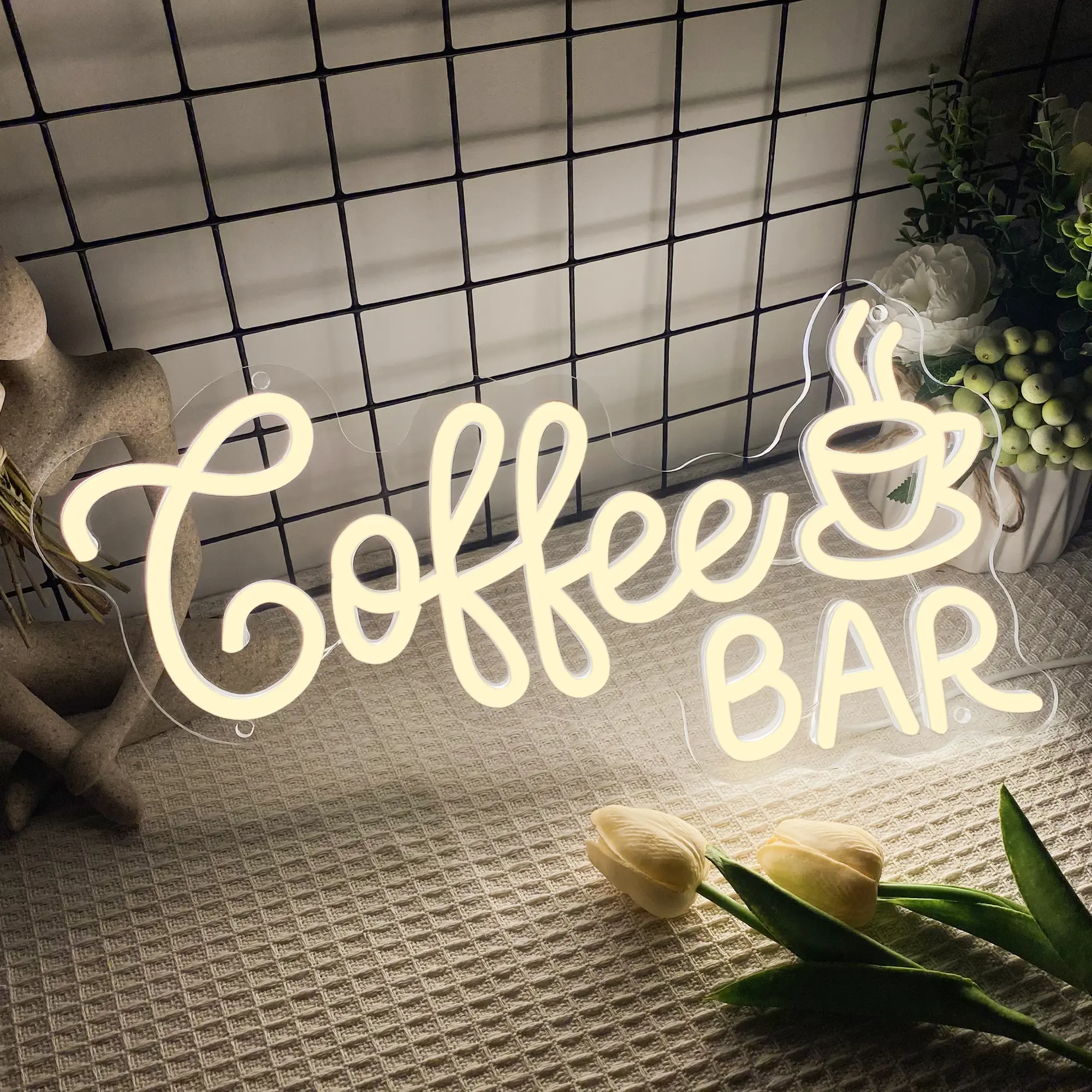 "Coffee & Bar" Neon Sign LED Silicon Home Decor Plaque, USB-Powered Dimmable Wall Decoration for Cafe Owners' Kitchen & Dining Area, Easy-to-Install Adjustable RGB Lighting