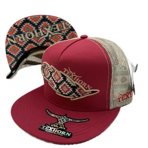 TEXHORN Cap Maroon and Tan Mesh with Aztec Design and Feather Logo for Stylish Outdoor Wear