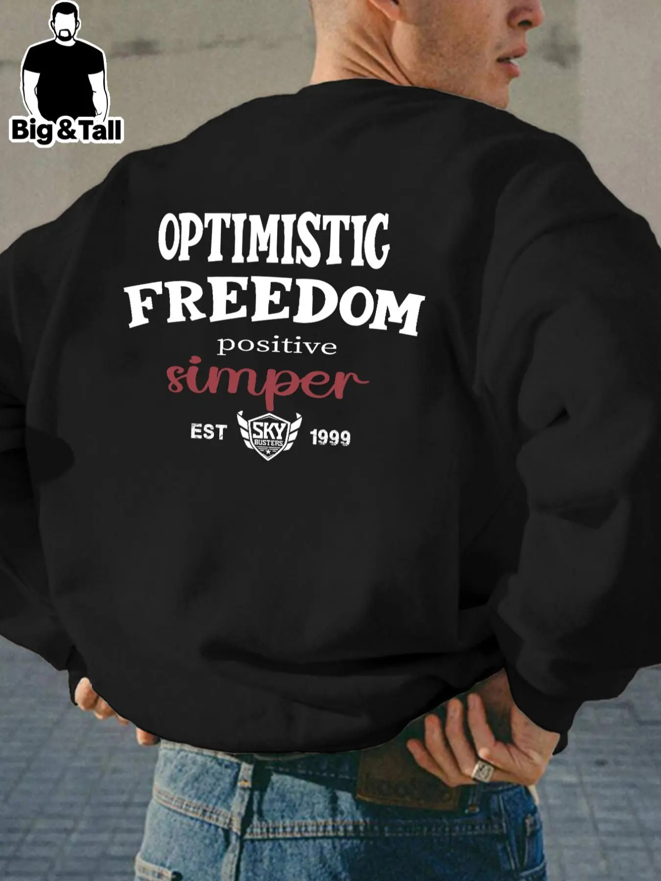 Men's Optimistic Freedom Letter Print Sweatshirt, Casual Plus Long Sleeve Crew Neck Pullover for Fall & Winter, Men's Clothes for Daily Wear
