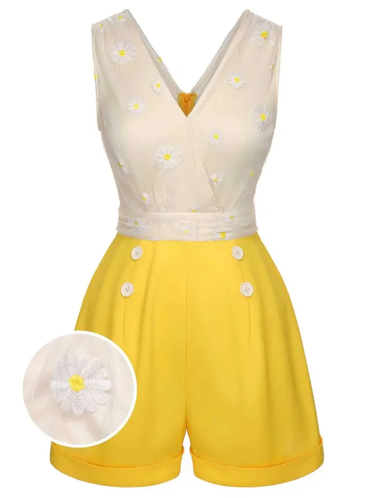 RETROSTAGE Women's Daisy Romper, Sleeveless V-Neck Vintage 1950s High Waist Fashion Apparel with Embroidered Mesh Overlay, Streetwear, Lightweight, Casual