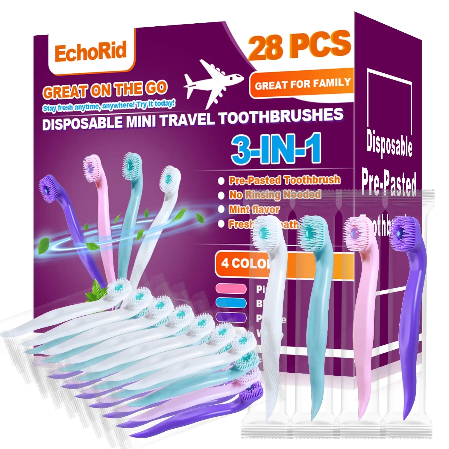 Three-In-One Toothbrush Set with Mouthwash, 28 Pieces Disposable Mini Travel Toothbrushes, Soft Bristles, Ready-To-Use, Mint Fresh Breath, 4 Colors, Toothbrush Kit