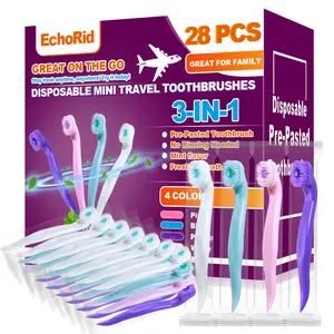 Three-In-One Toothbrush Set with Mouthwash, 28 Pieces Disposable Mini Travel Toothbrushes, Soft Bristles, Ready-To-Use, Mint Fresh Breath, 4 Colors, Toothbrush Kit