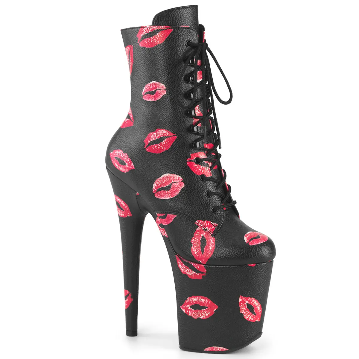 Women's Red Lips Print Faux Leather Platform Footwear - 8-Inch Heel Ankle Booties with Wrapped Platform, Side Zip, Club Wear, Bold Stage, Lace, Black Pu, Leather & Faux Leather