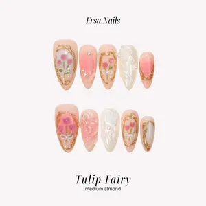 ErsaNails TULIP FAIRY - Medium Almond 10 PCS Handmade Press On Nails | 3D Nails, Handpainted & Mermaid