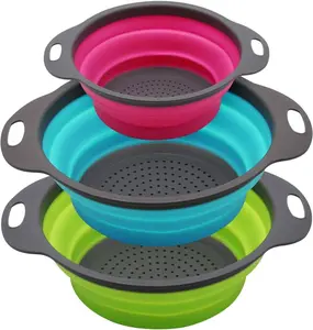 Qimh Collapsible Colander Set of 3 Round Silicone Kitchen Strainer Set - 2 pcs 4 Quart and 1 pcs 2 Quart- Perfect for Draining Pasta, Vegetable and fruit