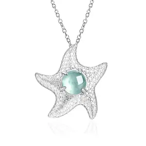 Sliver Natural Jade Necklace Blue Water Starfish Design For Women GIfts Fashion Pendant
