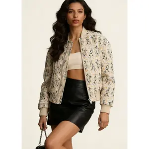 2025 European and American Autumn Winter Daisy Print Pocket Zipper Short Flight Jacket Cotton Coat for Women