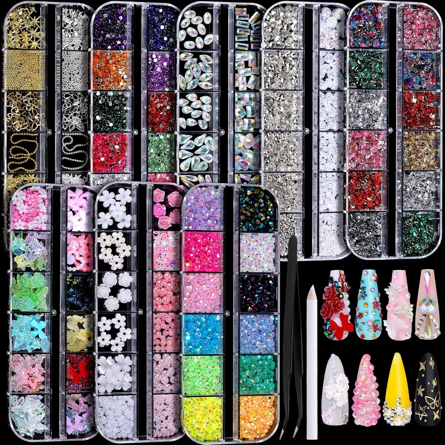 8-Box Y2K Nail Art Decoration Kit – A Premium Set of 3D Cute Charms, Multi-Color Clear Flatback Rhinestones, Assorted Round & Drop-Shaped Pearls, and Shiny Metallic Nail Jewels for Creative DIY Manicures, Perfect for Home Use or Professional Salons