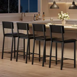 Garvee Bar Stools Set of 4, PU Leather Counter Height Bar Stools with Backrest and Footrest,Tall Bar Stool with Thick Cushion, for Dining Room, Apartment Counter Bar, Island, Black