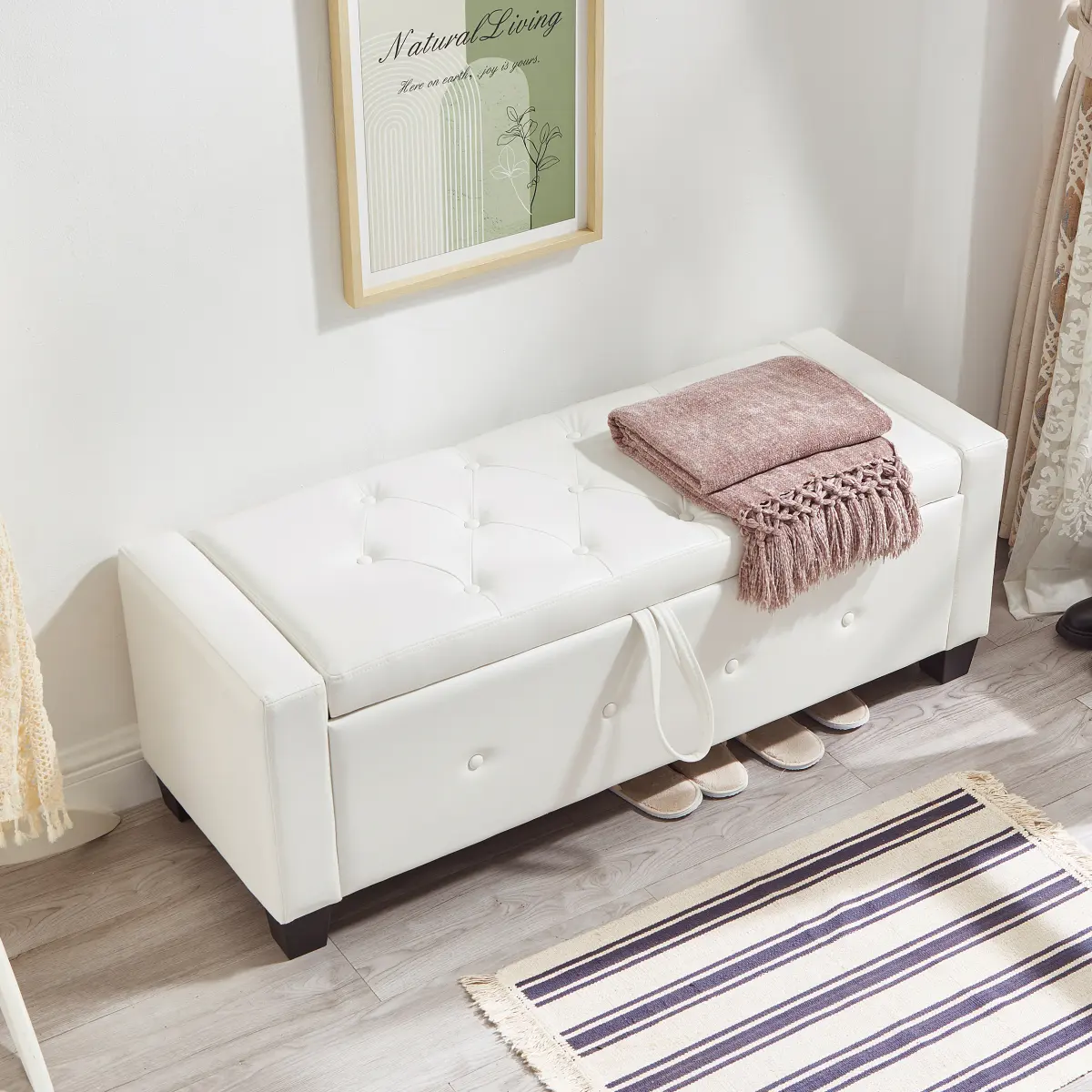 Black PU Leather Lift-Top Storage Leisure Ottoman Bench, 48"L x 18.1"W x 17"H, Eucalyptus Solid Wood-Plywood Frame, Foam-Filled, 300lbs Load Capacity, Plastic Legs, Easy Assembly, Waterproof & Stain-Resistant, Durable, Multi-Purpose for Entryway, Bedroom,