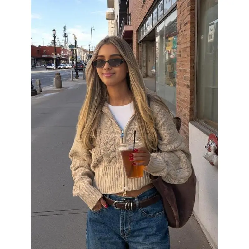Women's Vintage Twisted Knit Cardigan with Large Lapel Collar, Loose Drop Shoulder Sweater Featuring a Double Zip, Cropped Top, Knitted Fabric, Cardigan Top, Double Zips, Short Cut