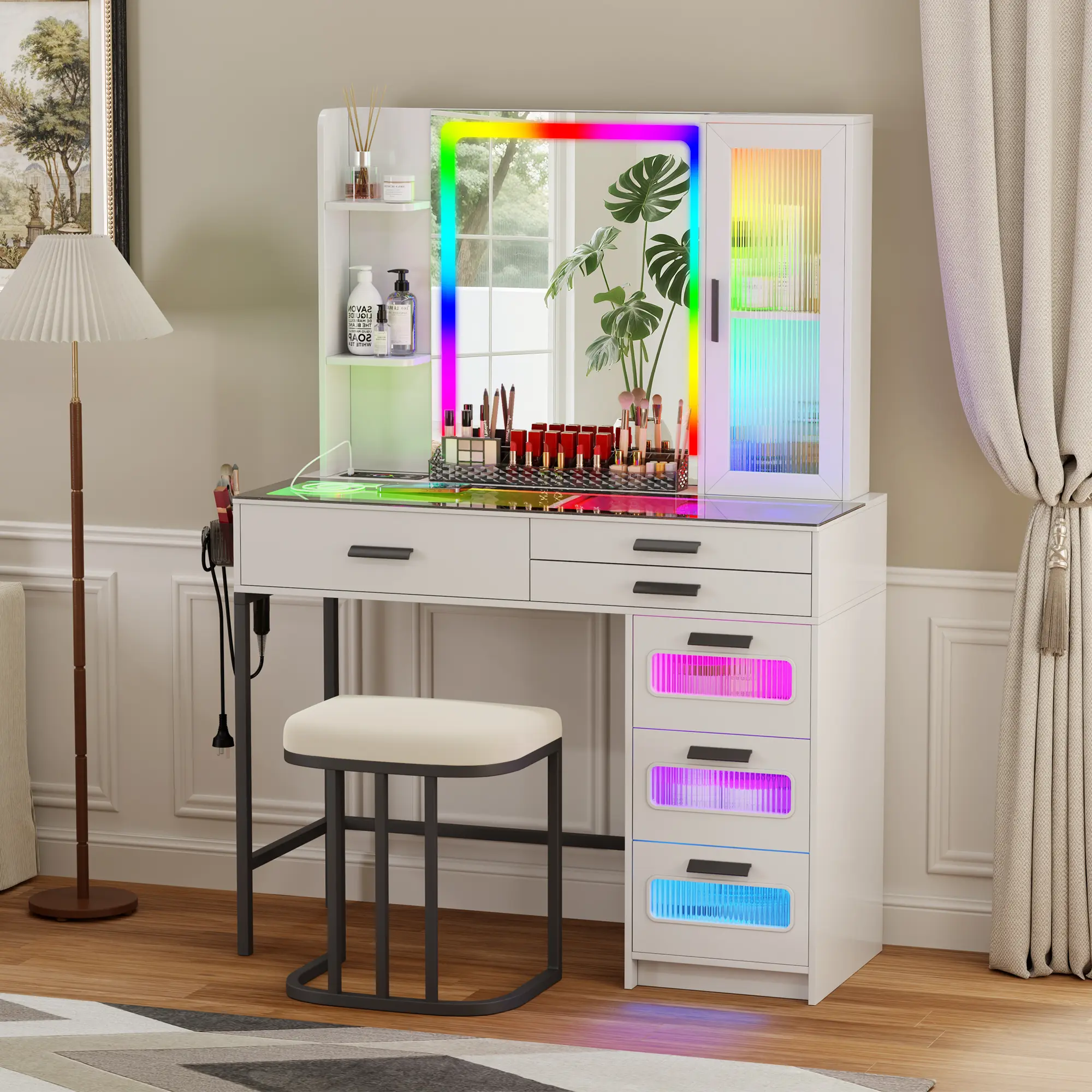 Lvifur Vanity with Mirror and LED Lights, Glass Top Vanity Desk with Charging Station(Wireless+USB+Type-C), RGB Makeup Table Set with Stool/Makeup Organizer/6 Drawers