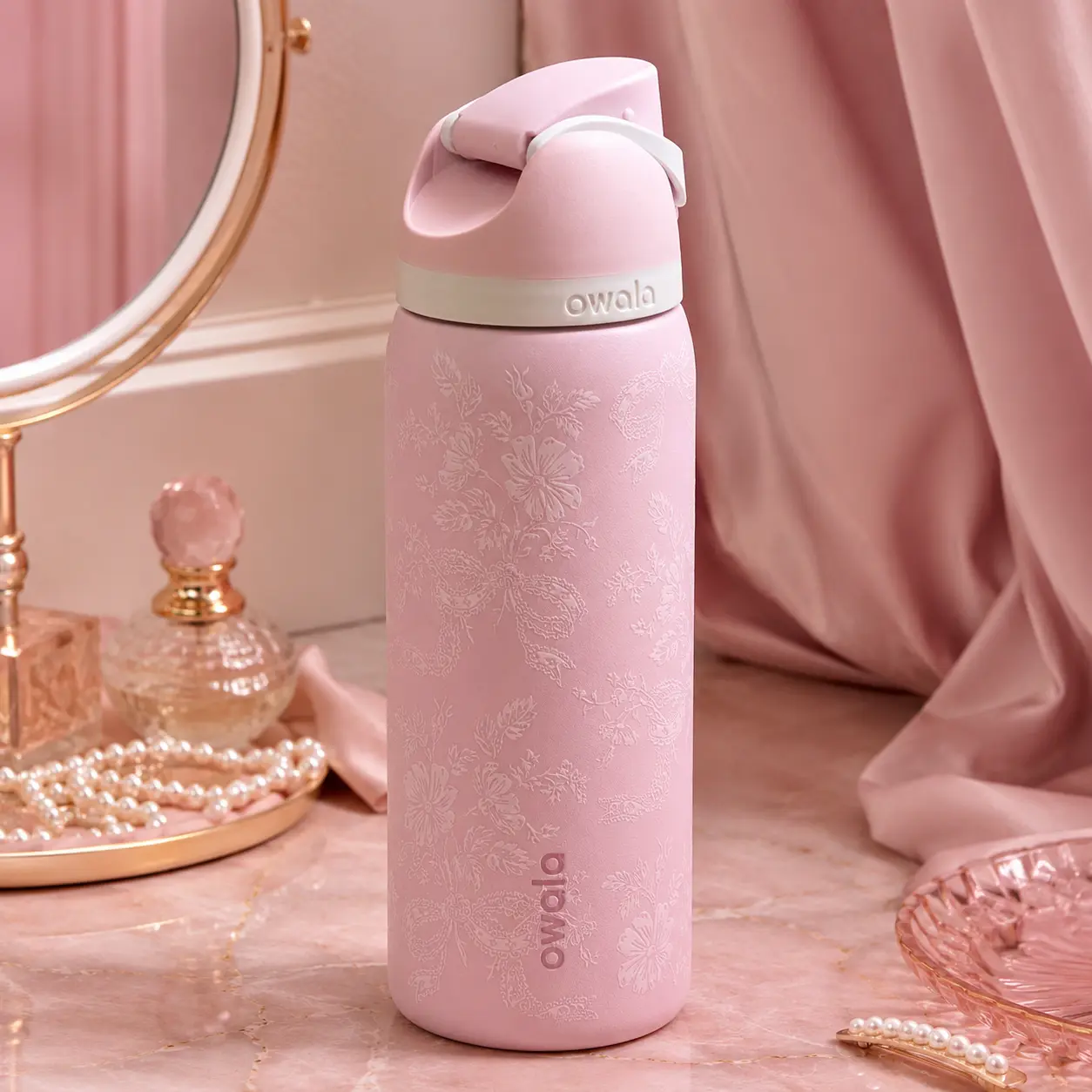 Owala FreeSip Pink Floral Paisley Water Bottle, Aesthetic Insulated Stainless Steel Leakproof Bottle with Built-In Straw and Carry Loop