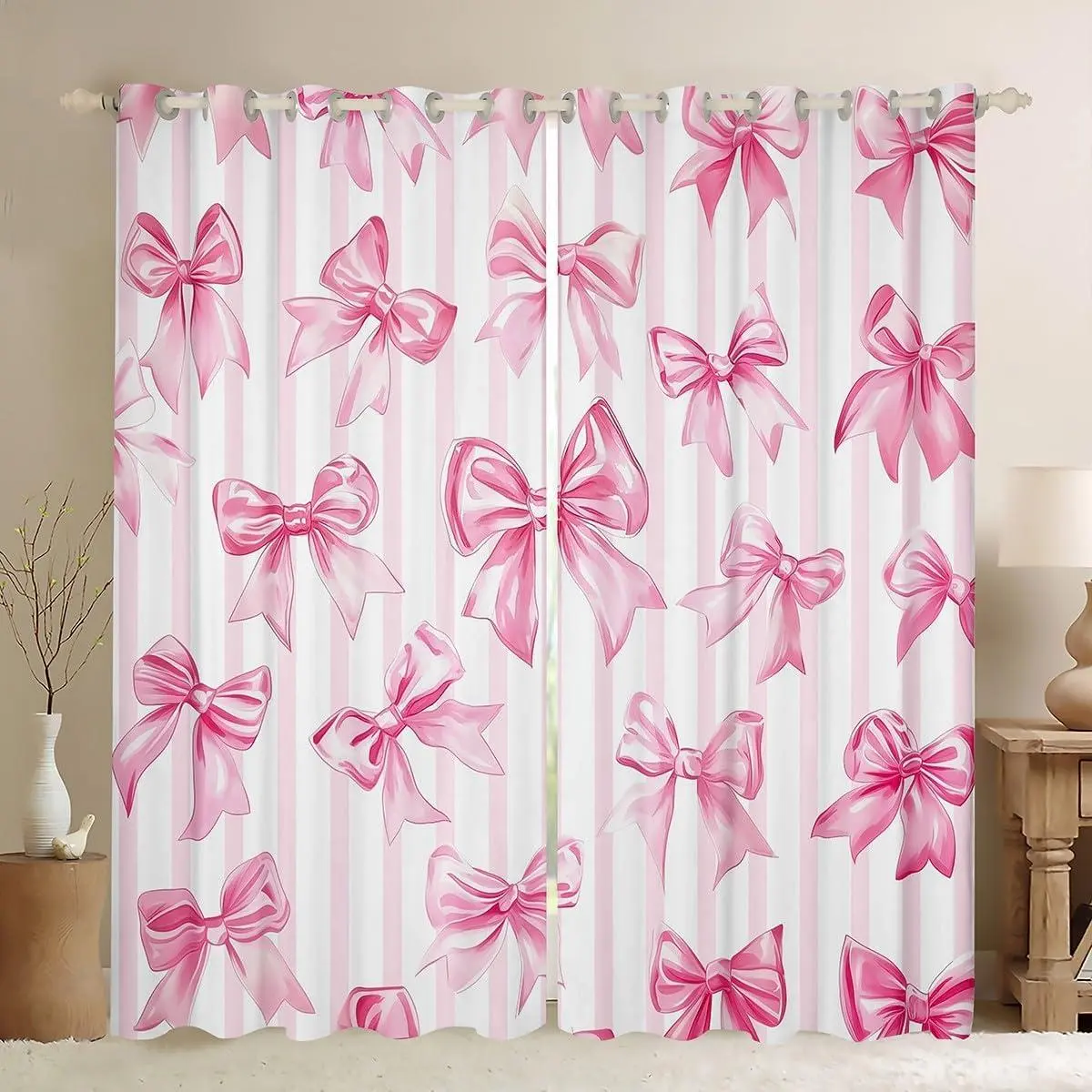 Cute Kawaii Bowknot Girls Window Curtain Dreamy Princess Style Curtain for Kids Teen Women,Pink Watercolor Bow Window Treatments White Striped Bowknot Curtains & Drapes