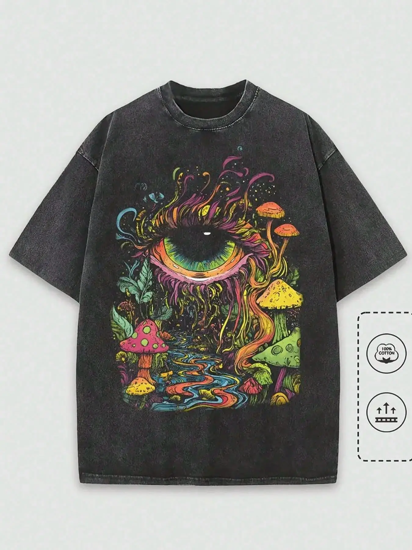 Vintage Trippy All Seeing Eye Psychedelic Mushroom T-Shirt, Washed Black Cotton Oversized Short Sleeve Tee, Retro Hippie Rainbow Nature Casual Crewneck Shirt