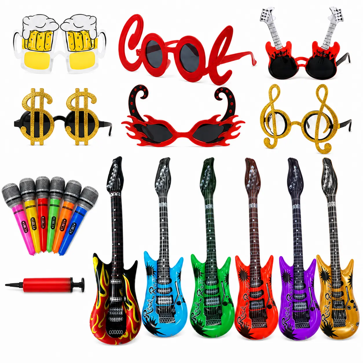 Rock Star Party Favor Set, 19 Pairs Music Party Supplies - 6 Inflatable Guitars, 6 Microphones, 6 Funny Glasses & Hand Pump, 80s Rock N Roll Karaoke Photo Booth Props for Birthday, Concert & Music Festival Accessory scene accessories