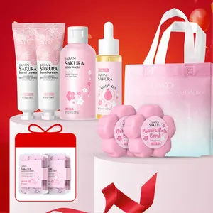 Sakura Body Care Set (9 Counts/set), Body Wash & Body Serum Oil & Bath Salt & Hand Cream & Bag & Soap Tablet & Gift Bag, Body Care Product for Women, Valentine's Day Gift