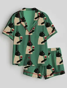 Black Cat Drinking Wine Women’s Satin Pajamas – Short & Long Pajama Sets, Cute Cat Sleepwear #pajamas #Catclothing