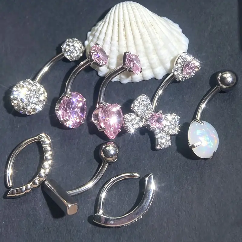 8PCS Pink Belly Rings Kit,Sexy Short Style Stainless Steel Belly Button Piercing,14G 1.6MM Belly Piercing Cute Navel Belly Piercing for Women