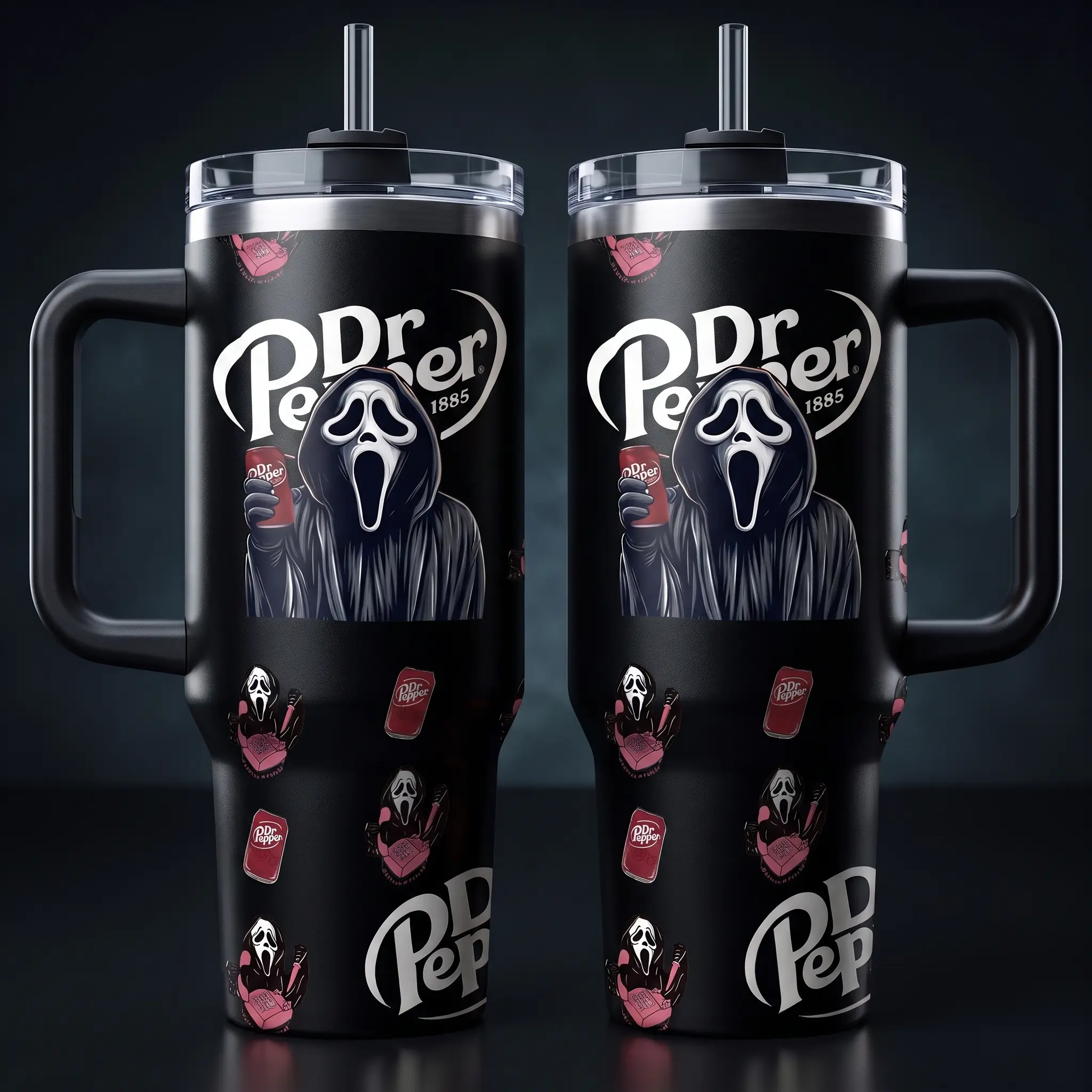 Dr Pepper Scream Ghostface Tumbler 40oz With Handle And Straw, Funny Slasher Horror Movie Mug Halloween Gift, Halloween Scary Horror Ghost Design, Stainless Steel Insulated Soda Lover Travel Cup