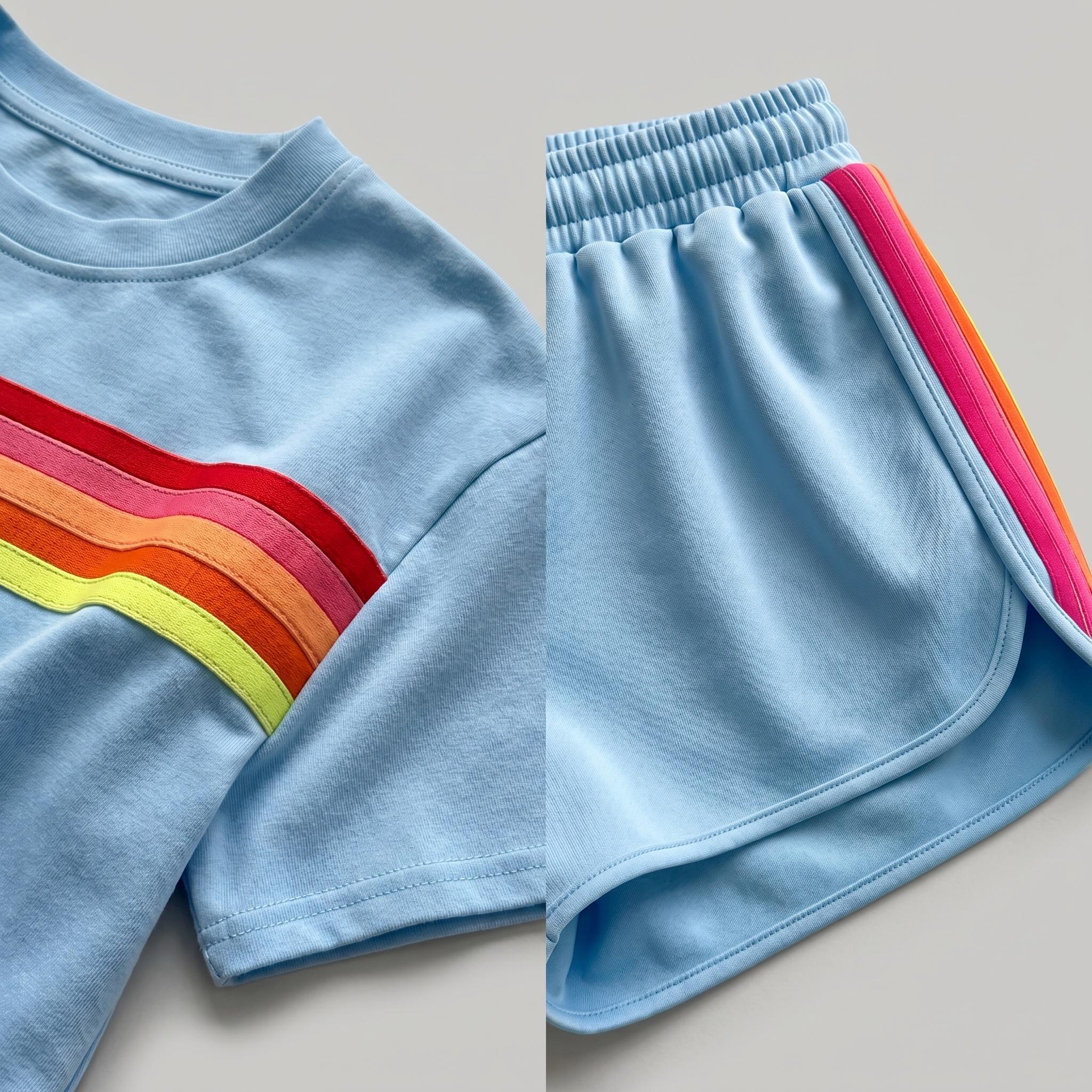 Women's Short 2-Piece Rainbow Strip Outdoor Sportswear Set - Loose Fit Crop Top & Bottoms, Solid Round Neck, Short Sleeves, Lightweight Breathable Blend Clothing, Baby Blue, Baseball Use, Light Spandex Women's Clothes tiktokshopspringglowup, 2 Piece Sets,