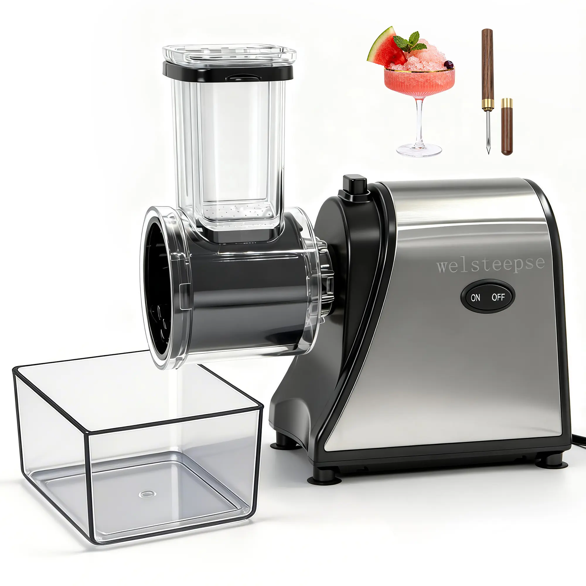 Welsteepse 500W Pro Electric Ice Shaver - Stainless Steel Home Ice Crusher with Hopper, 143 lbs/hr Capacity, Auto-Shutoff, Safety First, Modern Silver Sleek Design for Home, Bar Use, Ideal Gift