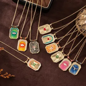 vibecharm Vintage Tarot Card Necklace - Square Medallion Pendant with Sun, Moon, Star Designs, Long Daily Aesthetic Planet Costume Jewelry, Ideal Birthday Gift for Her