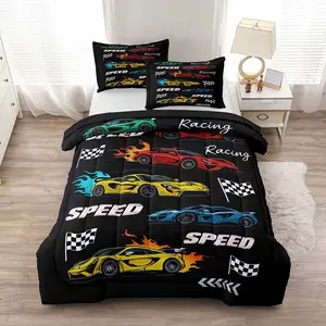 Racing Car Themed Bedding Set, Soft Fabric Easy Care, Includes Filled Quilt & Pillowcases Without Core, Perfect for Kids' Room Decor