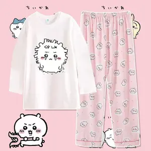 Anime Usag Hachiware Summer thin pajamas round neck Loose long-sleeved shirt and pants Cute cartoon pattern household clothes