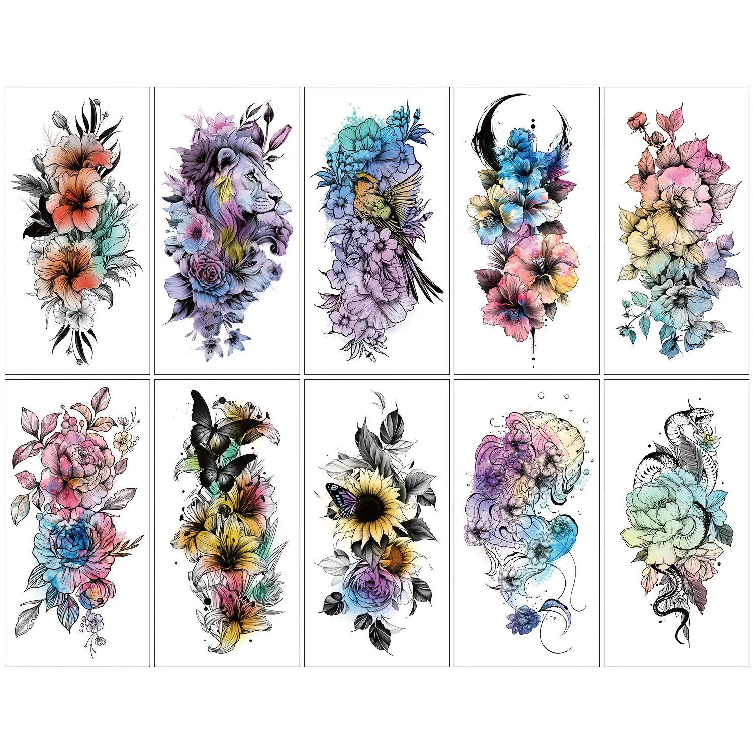 Women's 10pcs Realistic Waterproof Temporary Tattoos - Assorted Vibrant Floral, Butterfly, Sunflower, Jellyfish, Snake, Lion Designs - Semi-Arm Glam Decals for Party, Halloween Makeup, Watch Party - Fragrance Free, Normal Tattoo Art, Realistic Temporary T
